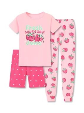 Girls Pajama Set Shorts Pants Short Sleeve Shirt Summer Strawberry Size 10